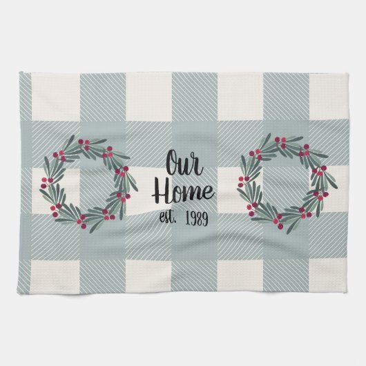 Ons thuis script blauw/groen Buffalo geruit knuffe Theedoek (Horizontaal)