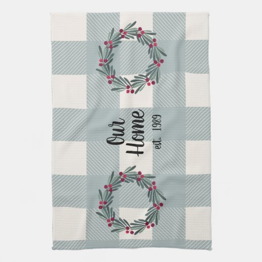 Ons thuis script blauw/groen Buffalo geruit knuffe Theedoek (Verticaal)