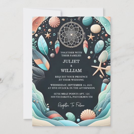 Ons Tribal Aqua Zand Werk Gestapeld Zeeglas Trouwr Kaart (Voorkant)