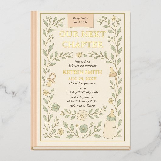 Ons volgende hoofdstuk Storybook Novel Baby shower Folie Uitnodiging (Voorkant)
