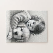 Onschuld van kind en hond vastgelegd schetseffect legpuzzel (Horizontaal)