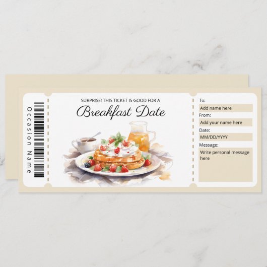Ontbijt Datum Cadeaubon, Ontbijt Coupon Kaart (Voorkant / Achterkant)