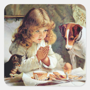 Ontbijt in bed: Girl, Terrier en Kitty Cat Vierkante Sticker