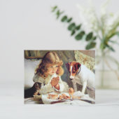 Ontbijt in Bed: meisje, Terrier en keukenkat Briefkaart (Staand voorkant)