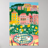 Ontbijt op terras grillige stad schilderkunst poster (Voorkant)