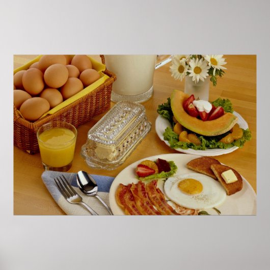 Ontbijt van bacon, eieren en melkpitcher poster (Voorkant)