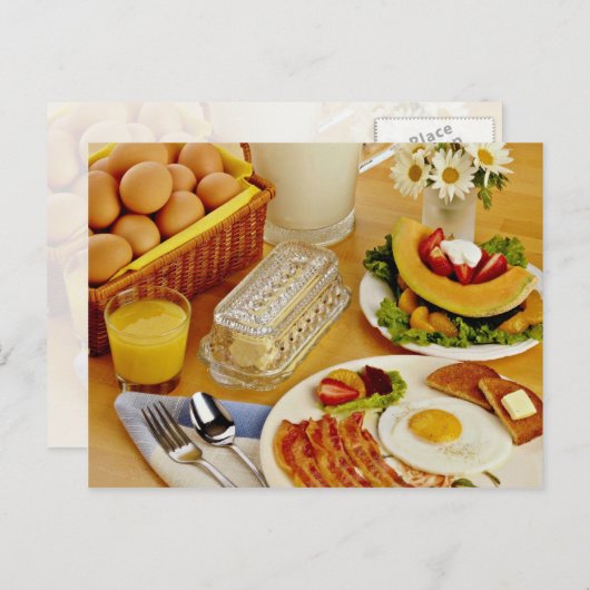 Ontbijt van bacon, eieren en pekel van melk briefkaart (Voorkant / Achterkant)