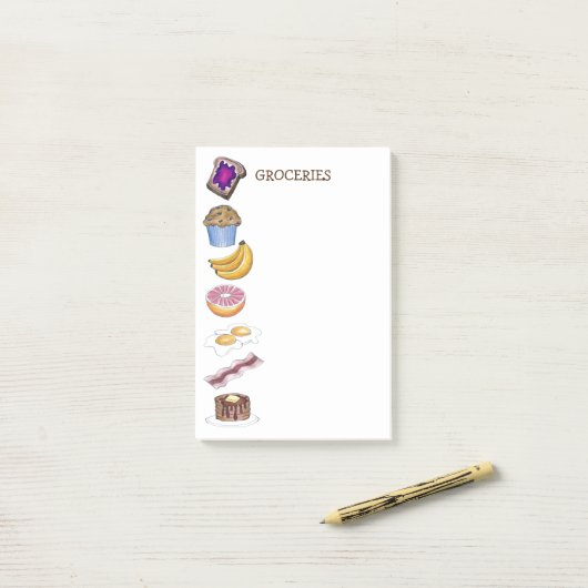 Ontbijtende voedingswaren, kruidenierslijst na zij post-it® notes (Op bureau)