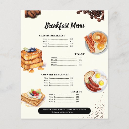 Ontbijtmenu, Restaurant Menu, Cafe Marketing Flyer (Voorkant)