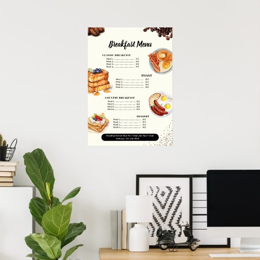 Ontbijtmenu, Restaurantmenu, Cafeemarketing  Poster (Thuiskantoor)