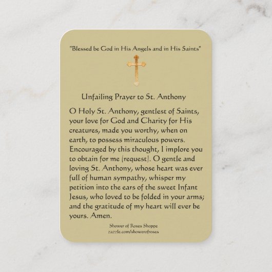 Ontbrekend gebed in Saint Anthony van Padu Visitekaartje (Achterkant)