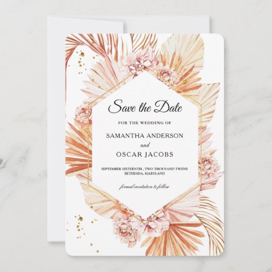 Ontdaan van terracotta Gedroogd palmlef Oranje Lij Save The Date (Voorkant)