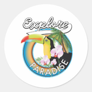 Ontdek de cartoon Paradise Travel logo Ronde Sticker