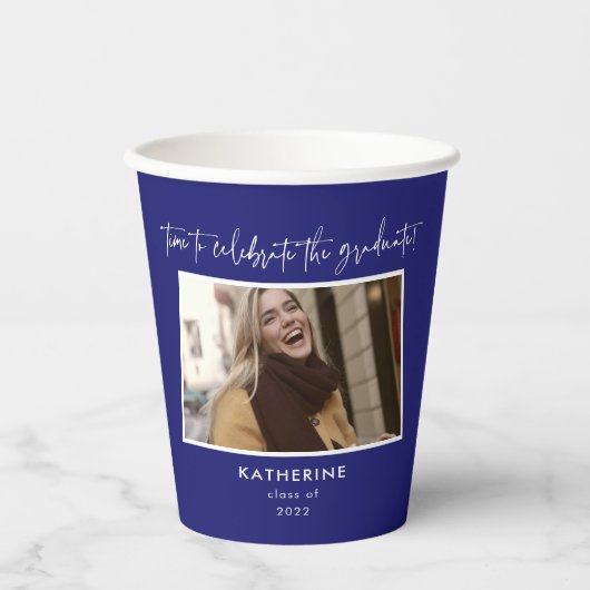 Ontdek het Afstuderen Blue Script Papieren Bekers (Voorkant)