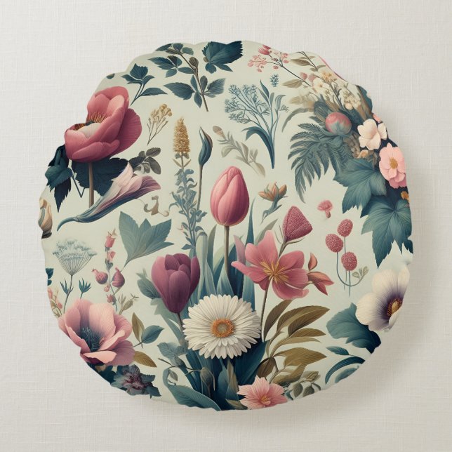 Ontdek het prachtige Floral Botanical patroon van  Rond Kussen (Voorkant)
