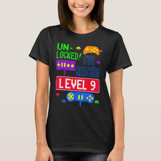 Ontgrendeld Ik heb Level 9 Arcade 9e verjaardag be T-shirt (Voorkant)