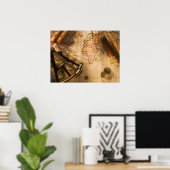 Onthoudend, kompas en telescoop op de Nautische ka Poster (Thuiskantoor)