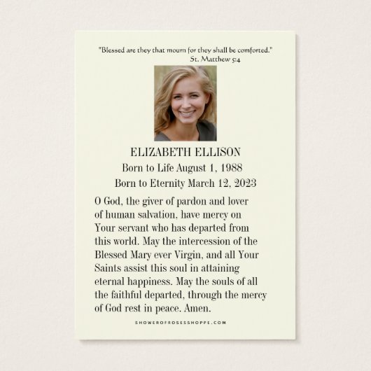 Onthoudingsgebed van de Maagd Maria rouwkaart Visitekaartje (Achterkant)