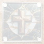 Onthulde zwart-wit marmeren kruis met goud glazen onderzetter (Achterkant)