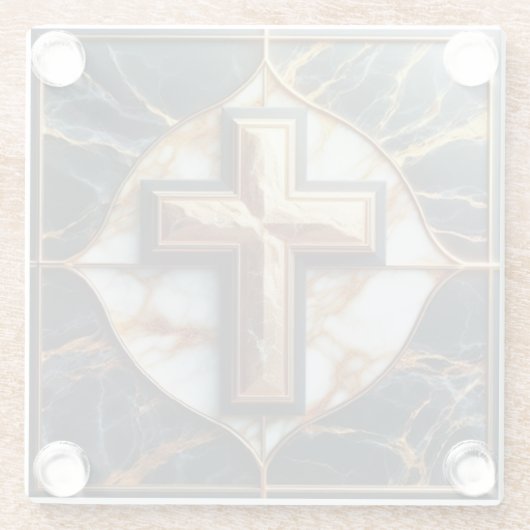 Onthulde zwart-wit marmeren kruis met goud glazen onderzetter (Achterkant)