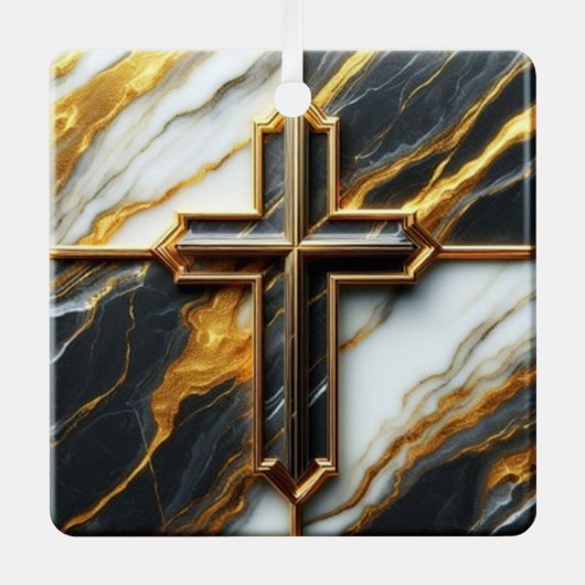 Onthulde zwart-wit marmeren kruis met goud metalen ornament (Voorkant)