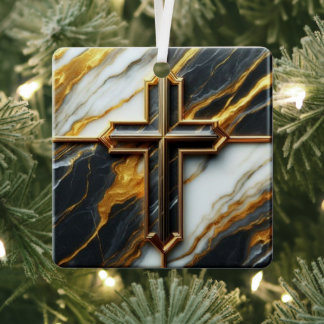 Onthulde zwart-wit marmeren kruis met goud metalen ornament