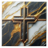 Onthulde zwart-wit marmeren kruis met goud tegeltje (Voorkant)