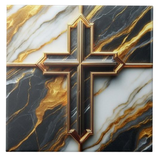 Onthulde zwart-wit marmeren kruis met goud tegeltje (Voorkant)