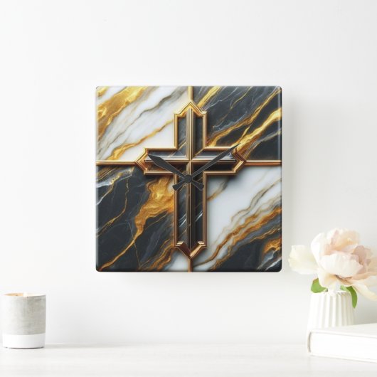 Onthulde zwart-wit marmeren kruis met goud vierkante klok (Huis)