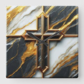 Onthulde zwart-wit marmeren kruis met goud vierkante klok (Voorkant)