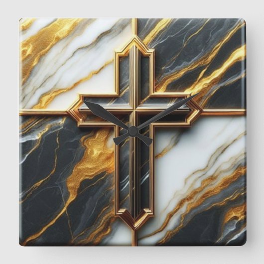 Onthulde zwart-wit marmeren kruis met goud vierkante klok (Voorkant)