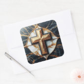 Onthulde zwart-wit marmeren kruis met goud vierkante sticker (Envelop)