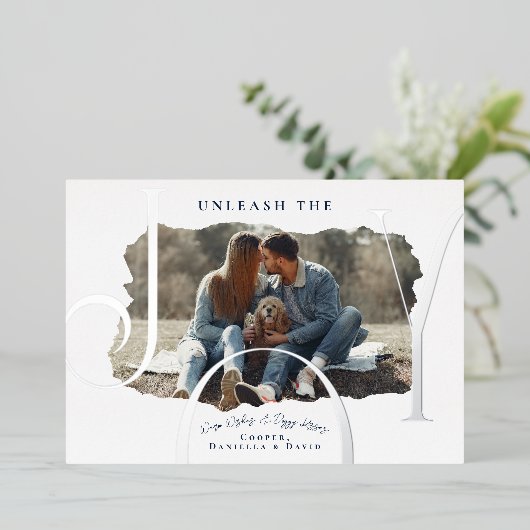 Ontketen de vreugde huisdier foto folie feestdagenkaart (Staand Voorkant)