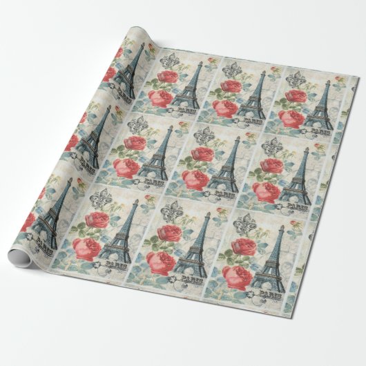 Ontkoppeling Retro  Parijs Floral Kerstmis Cadeaupapier (Uitgerold)