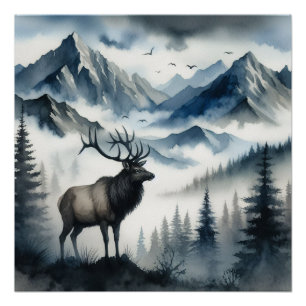 Ontkoppeling van de Waterverf Elk Misty Mountains Perfect Poster
