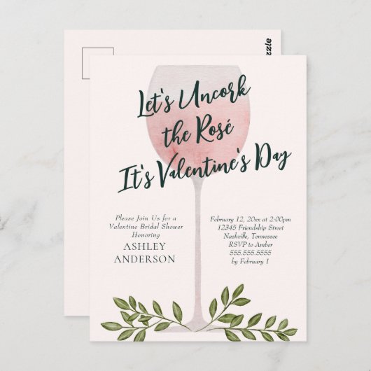 Ontkork de Rosé Valentijn Bruidsfeest Uitnodiging (Voorkant / Achterkant)