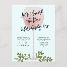 Ontkork het Roze Wijn Aquarel Bachelorette Feest Briefkaart