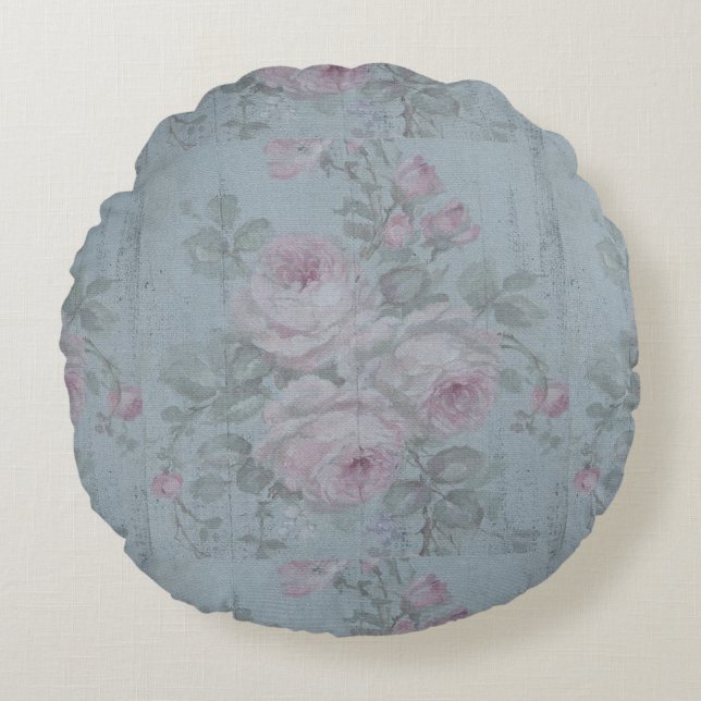 Ontmanteling, grijs blauwgroen, floreel, shabby ch rond kussen (Voorkant)