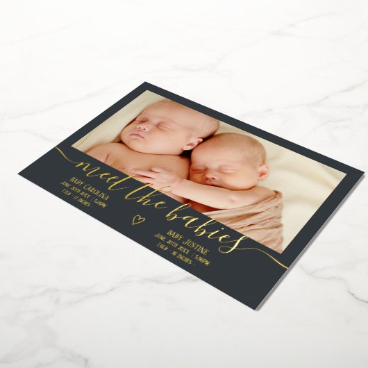 Ontmoet baby's script goud 3 foto baby tweeling ge folie uitnodiging (Gedraaid)