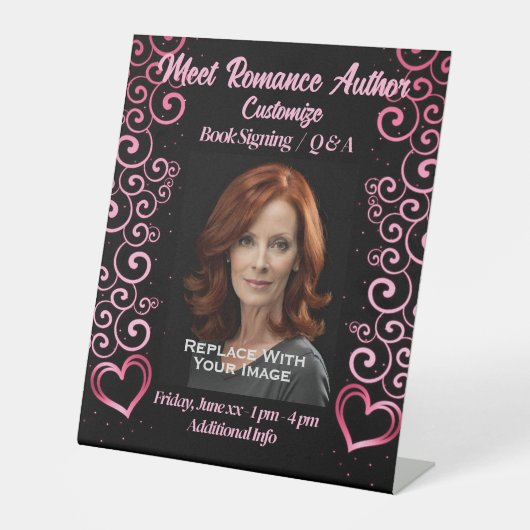 Ontmoet de auteur scrollen harten reclamebord met voetstuk (Voorkant)