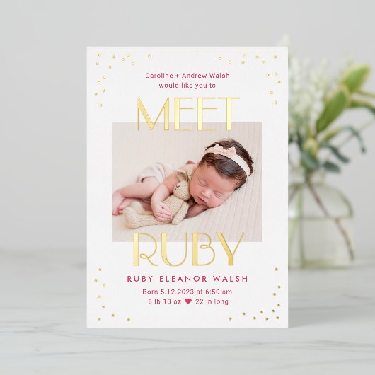 Ontmoet de Folie van de Baby Moderne Aankondiging  (Staand Voorkant)