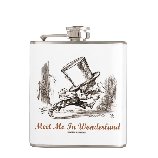 Ontmoet me in Wonderland Mad Hatter aan het rennen Heupfles (Voorkant)