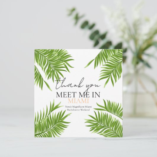 Ontmoet me Miami Bachelorette Party Vakantie Bedankkaart (Staand voorkant)
