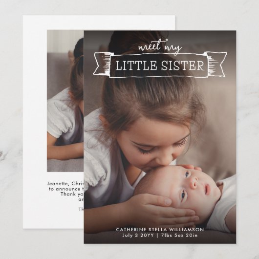 Ontmoet mijn kleine zusje geboorte aankondiging 2  (Voorkant / Achterkant)