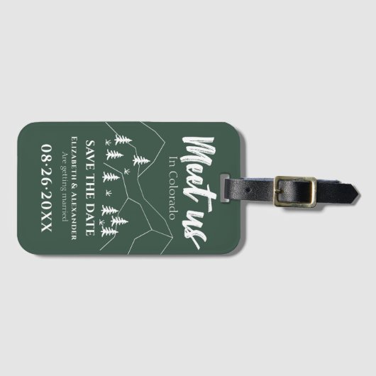 Ontmoet ons Bos Bruiloft Kalligrafie Save the Date Bagagelabel (Voorkant (horizontaal))