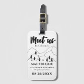 Ontmoet ons Bos Bruiloft Kalligrafie Save The Date Bagagelabel (Voorkant (verticaal))