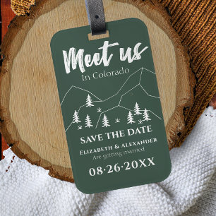 Ontmoet ons Bos Bruiloft Kalligrafie Save the Date Bagagelabel