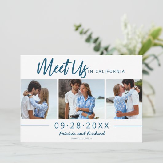 Ontmoet ons in Bestemming Sla de datum op 3 Foto Kaart (Staand voorkant)