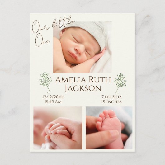 "Ontmoet ons kleine" briefkaart van de geboorteaan (Voorkant)