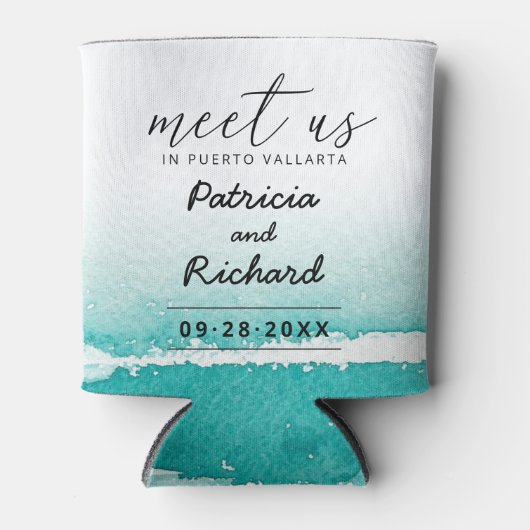 Ontmoet ons op Bestemming Trouw Teal Save The Date Blikjeskoeler (Voorkant)